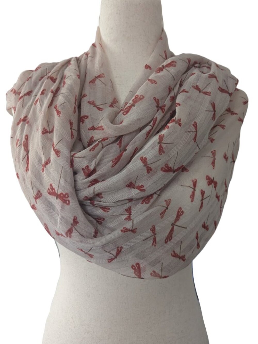 Lightweight Cream Fashion Scarf with Red Dragonfly Pattern